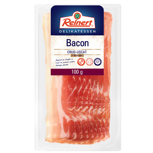 Reinert Bacon crud-uscat – 100g Pachet Reinert Bacon crud-uscat, 100g, pe fundal alb