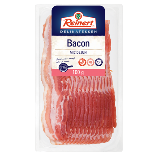 Pachet Reinert Bacon Mic-Dejun, 100g, pe fundal alb Pachet Reinert Bacon Mic-Dejun, 100g, pe fundal alb