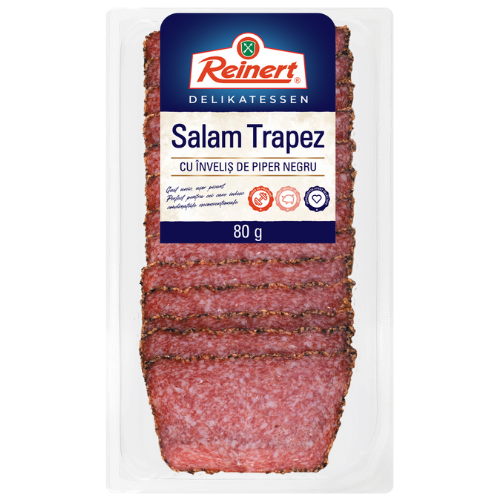 Pachet Reinert Salam Trapez cu înveliș de piper negru, 80g, pe fundal alb Pachet Reinert Salam Trapez cu înveliș de piper negru, 80g, pe fundal alb