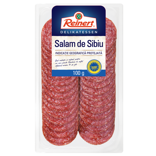 Reinert Salam de Sibiu – 100g Pachet Reinert Salam de Sibiu, 100g, pe fundal alb