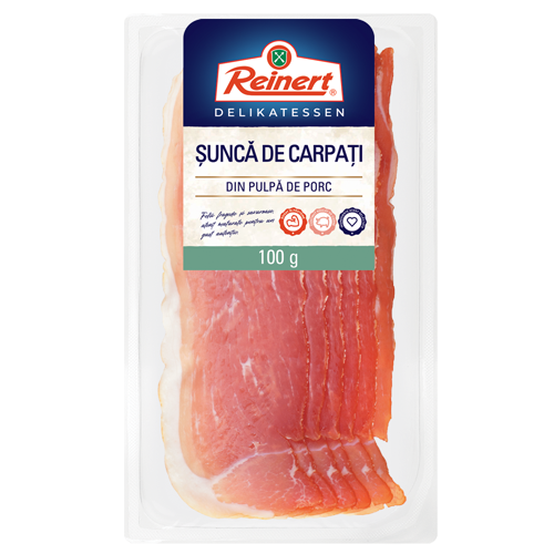 Pachet Reinert Șuncă de Carpați, 100g, pe fundal alb Pachet Reinert Șuncă de Carpați, 100g, pe fundal alb