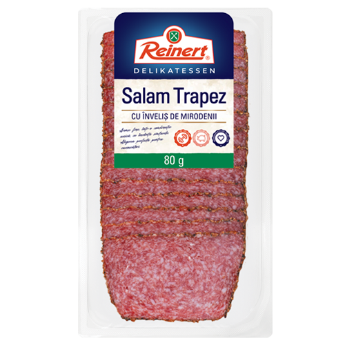 Reinert Salam Trapez cu mirodenii – 80g Pachet Reinert Salam Trapez cu înveliș de mirodenii, 80g, pe fundal alb