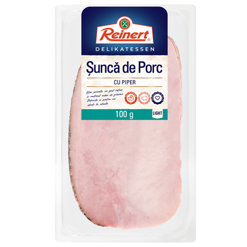 Pachet Reinert Șuncă cu piper, 100g, pe fundal alb Pachet Reinert Șuncă cu piper, 100g, pe fundal alb