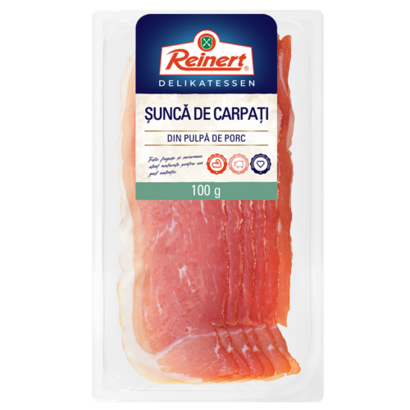 Reinert Șuncă de Carpați – 100g Pachet Reinert Șuncă de Carpați, 100g, pe fundal alb