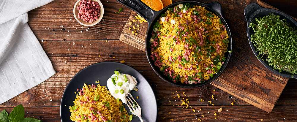 Fruchtige Bulgurpfanne mit Reinert Schinken Nuggetz extra mager