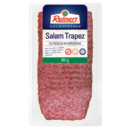 Reinert Salam Trapez cu mirodenii – 80g Pachet Reinert Salam Trapez cu înveliș de mirodenii, 80g, pe fundal alb