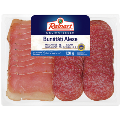 Bunătăți Alese Mușchi file crud-uscat & Salam de Sibiu IGP 120g Bunătăți Alese Mușchi file crud-uscat & Salam de Sibiu IGP 120g