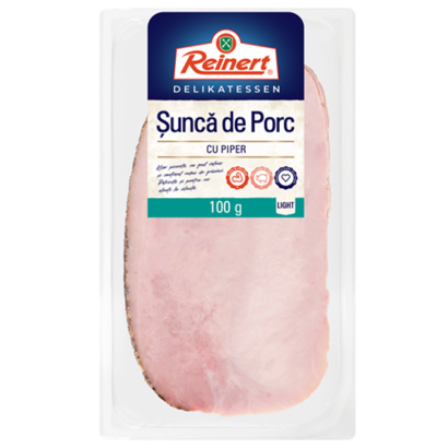 Reinert Șuncă cu piper – 100g Pachet Reinert Șuncă cu piper, 100g, pe fundal alb