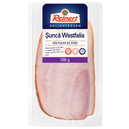 Reinert Șuncă Westfalia – 100g Pachet Reinert Șuncă Westfalia, 100g, pe fundal alb
