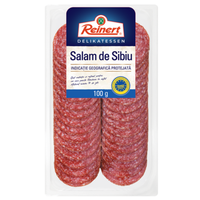 Reinert Salam de Sibiu – 100g Pachet Reinert Salam de Sibiu, 100g, pe fundal alb