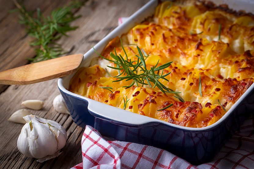Kartoffelgratin Kartoffelauflauf mit Reinert Schinken Nuggetz extra mager