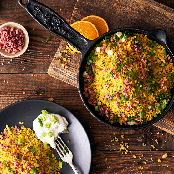 Fruchtige Bulgurpfanne mit Reinert Schinken Nuggetz extra mager
